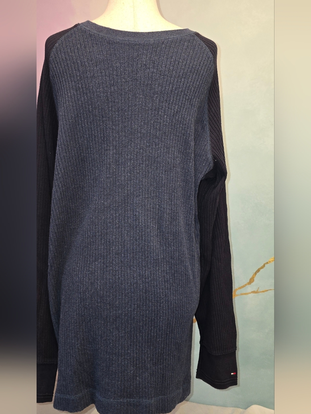 Tommy Hilfiger Y2k Two-Tone Ribbed Long Sleeve Sweater 100% Cotton Navy/Blue L
